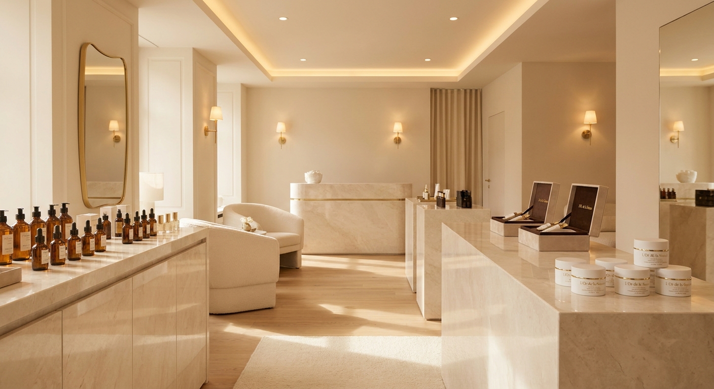 Elegante Schweizer Beauty-Boutique mit warmem Licht und feinen Details